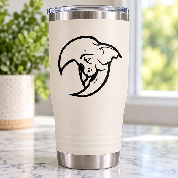 White tumbler with black demon moon decal, stainless steel lid and base
