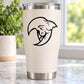 White tumbler with black demon moon decal, stainless steel lid and base