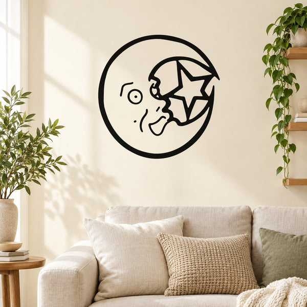 Frightened moon wall decal with black outline face and star