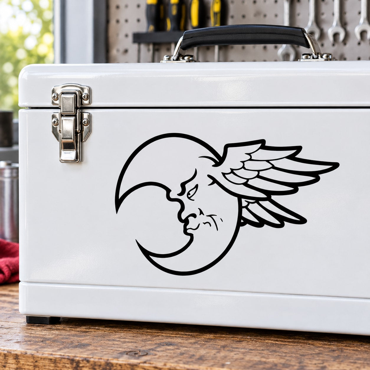 Moon face decal with spread wings, black outline on light surface
