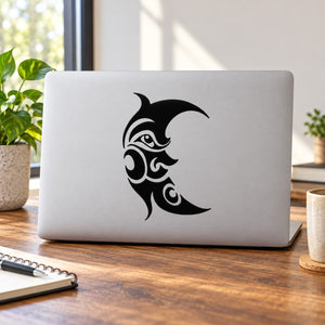 Black tribal moon face decal with stylized crescent and eye details