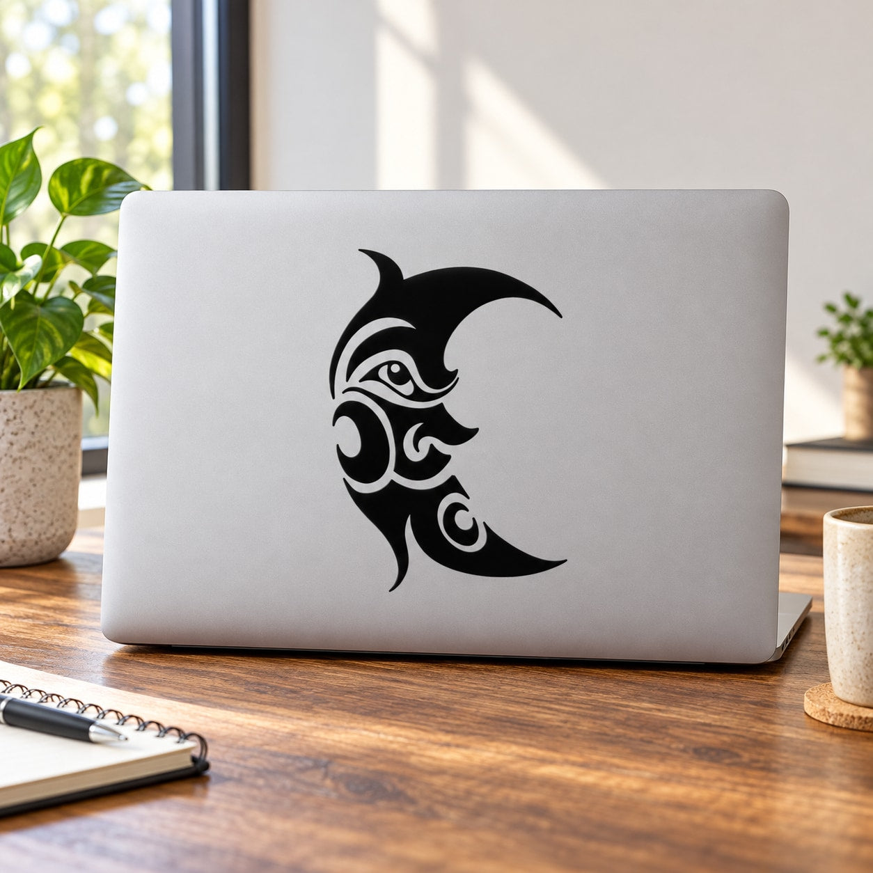 Black tribal moon face decal with stylized crescent and eye details