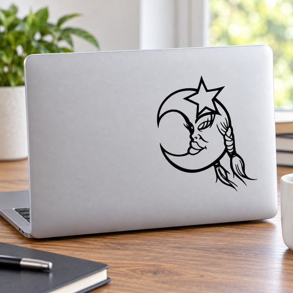 Moon and star decal with cat face design in black line art
