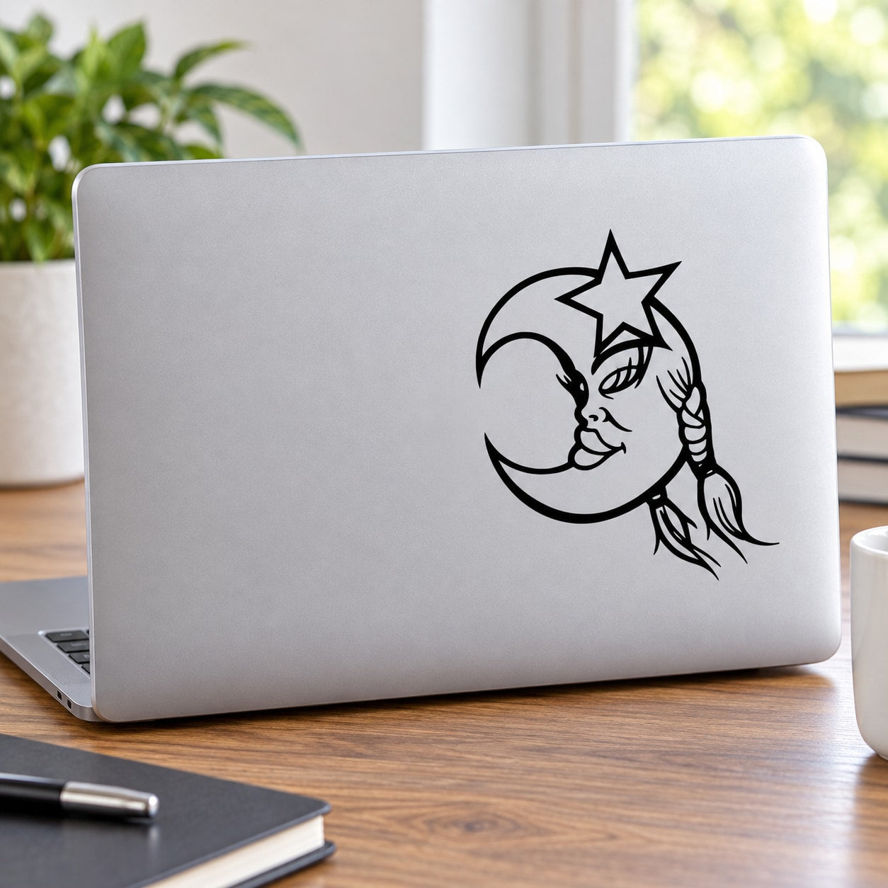 Moon and star decal with cat face design in black line art