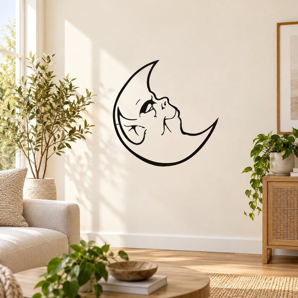 Black crescent moon devil face wall decal with small horns