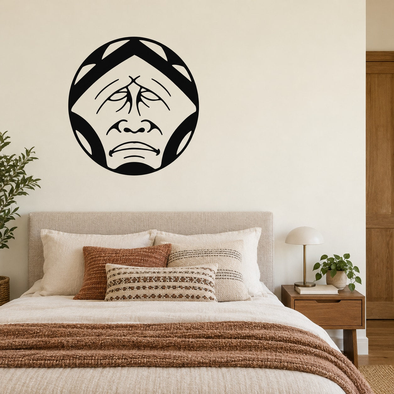 Southwest moon wall decal featuring a black-and-white face illustration inside a circle