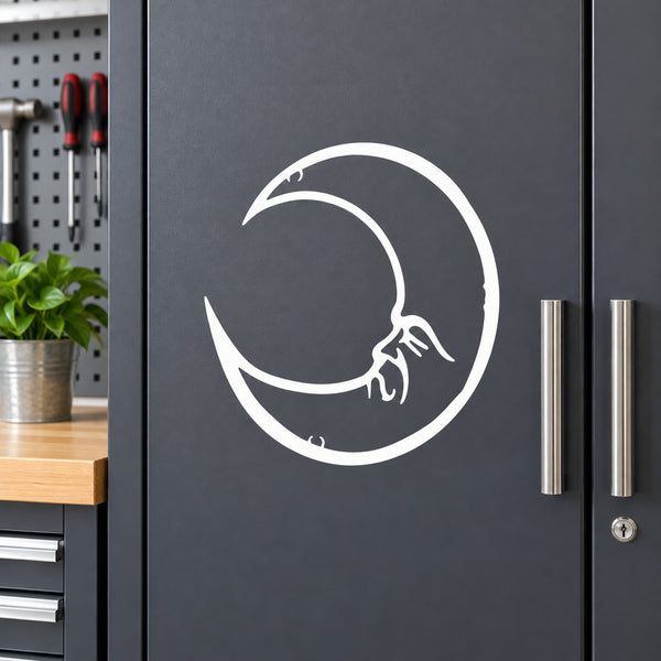 White crescent moon wall decal with small sleeping figure illustration