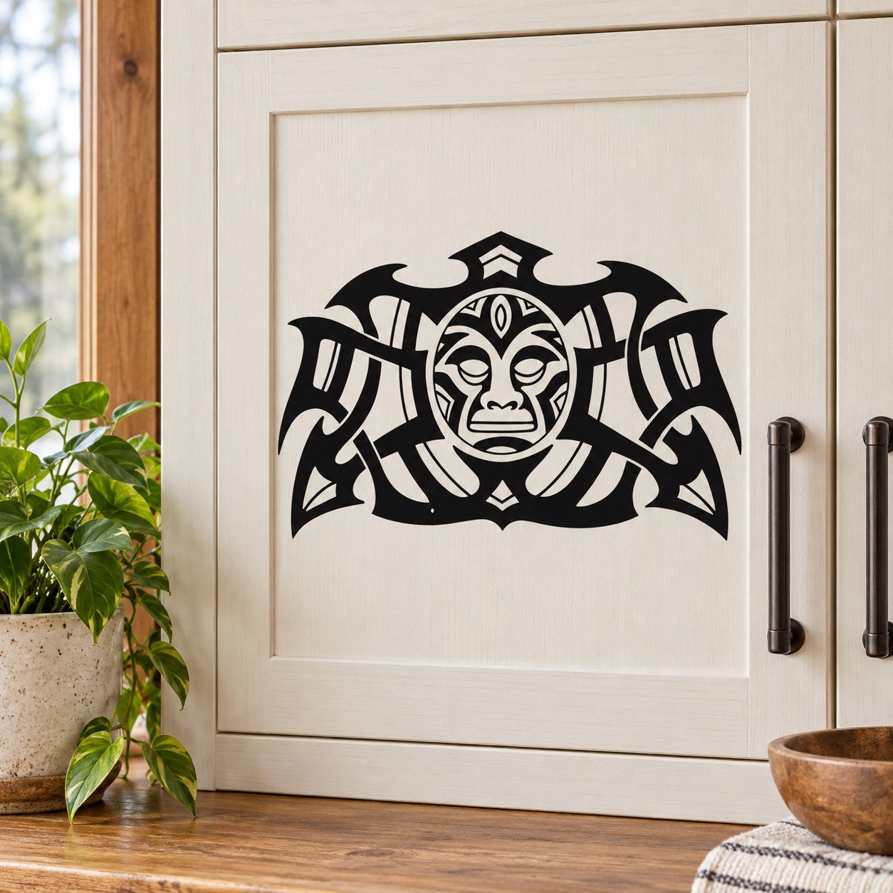 Black tribal turtle moon wall decal with bold, stylized line artwork