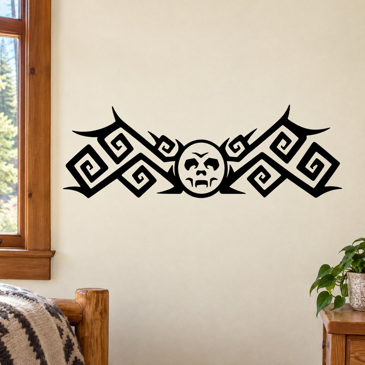 Tribal moon with fangs wall decal in black with geometric Greek-key patterns