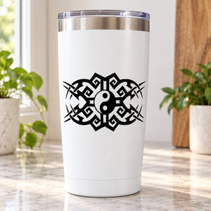 Yin yang moons vinyl decal with black geometric design on white tumbler