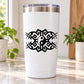 Yin yang moons vinyl decal with black geometric design on white tumbler