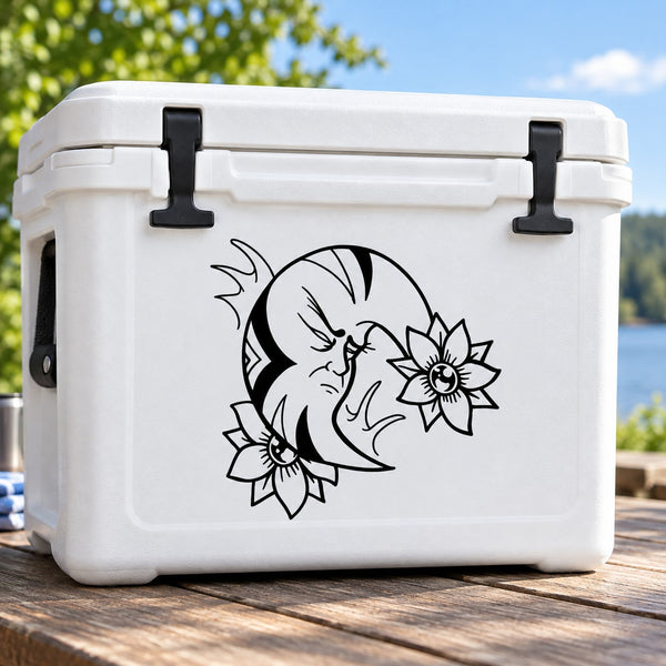 Black tribal moon and flower decal on a white rectangular cooler