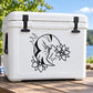 Black tribal moon and flower decal on a white rectangular cooler