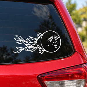 White moon-face floral vinyl decal for car window