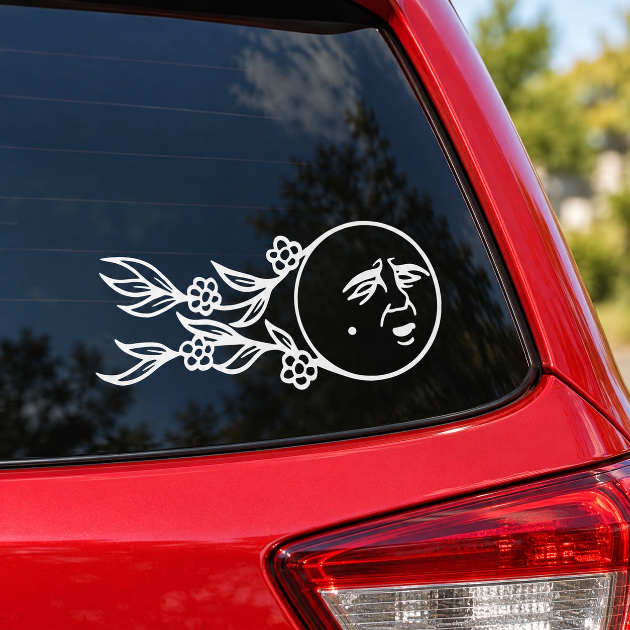White moon-face floral vinyl decal for car window
