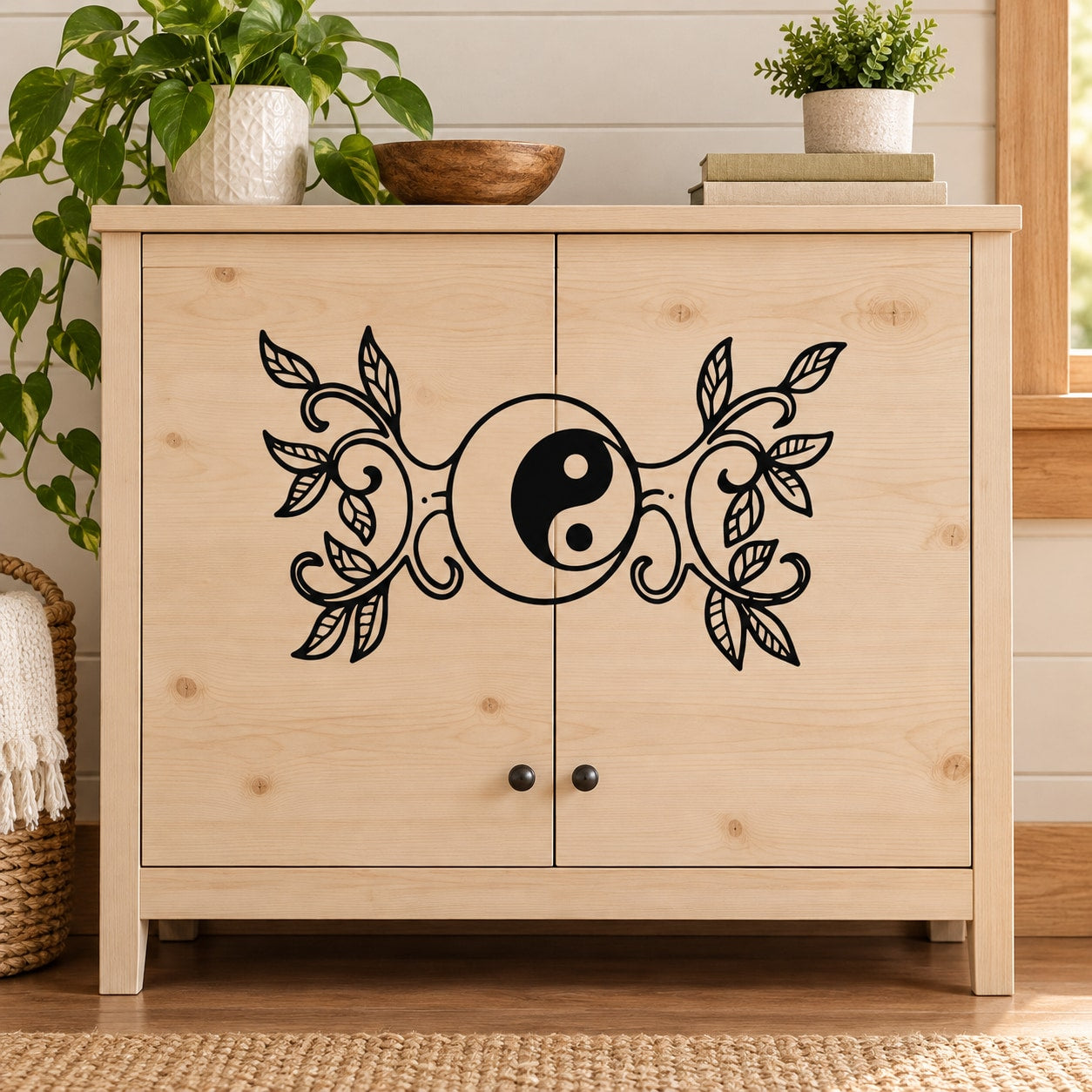 Yin yang moon with vine decal on cabinet doors, circular yin-yang symbol with leaves