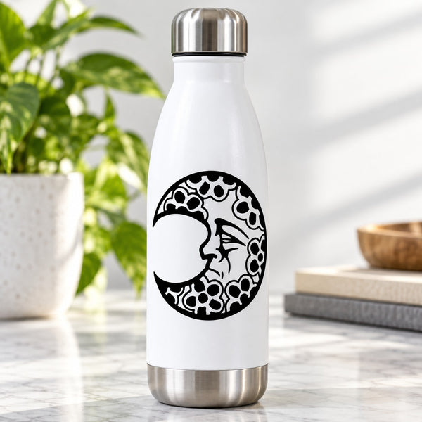 White water bottle with black moon face decal and stainless steel lid