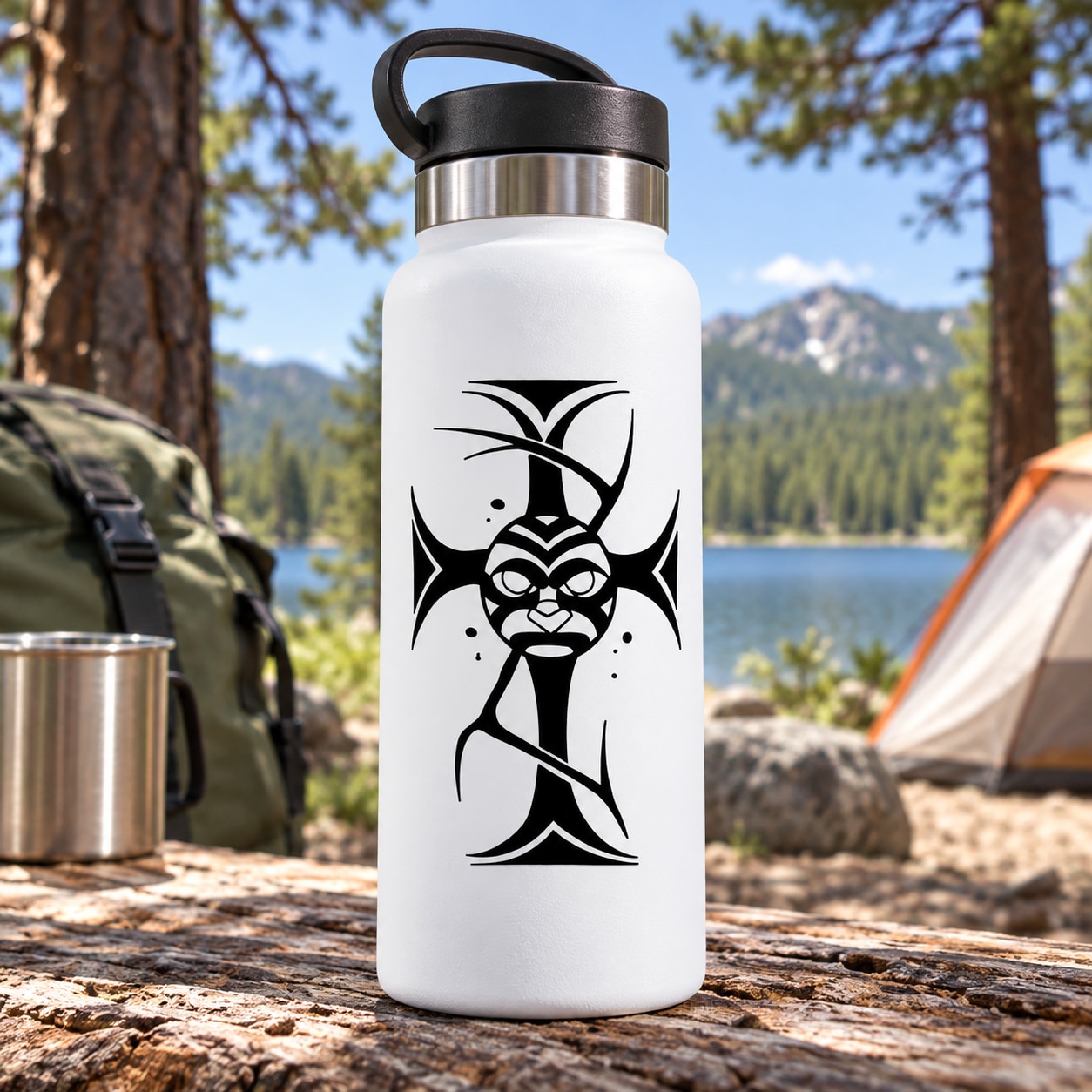 White water bottle with black tribal moon cross decal graphic