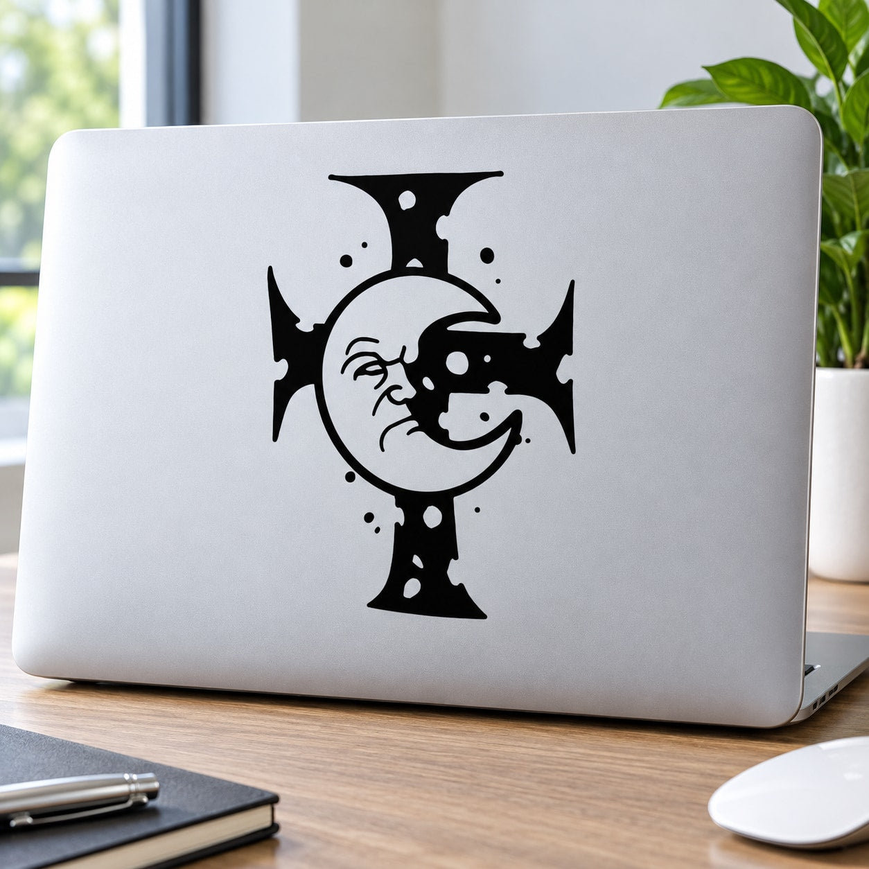 Black cross-and-moon vinyl decal on a laptop lid