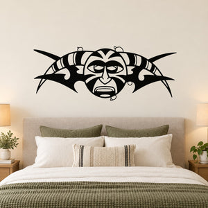 Black and white tribal demon moon wall decal with spiky crescent and stylized face