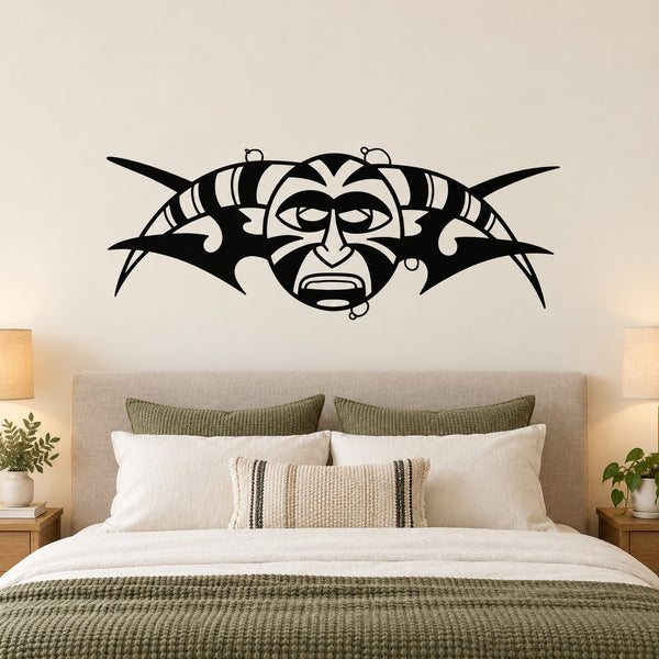 Black and white tribal demon moon wall decal with spiky crescent and stylized face