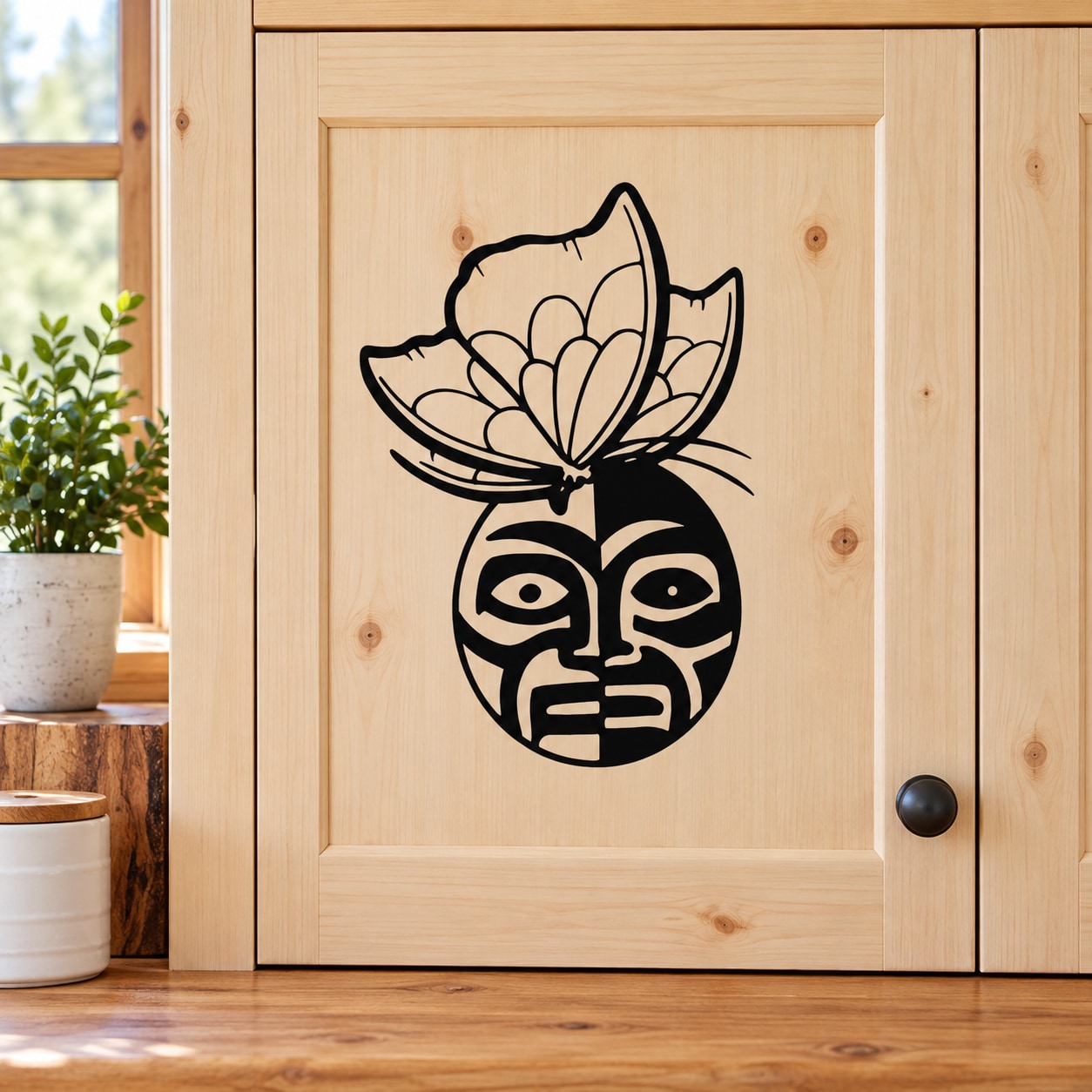 Black tribal butterfly moon wall decal on cabinet door, outlined face and wings