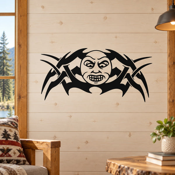 Black tribal moon wall decal with smiling skull design