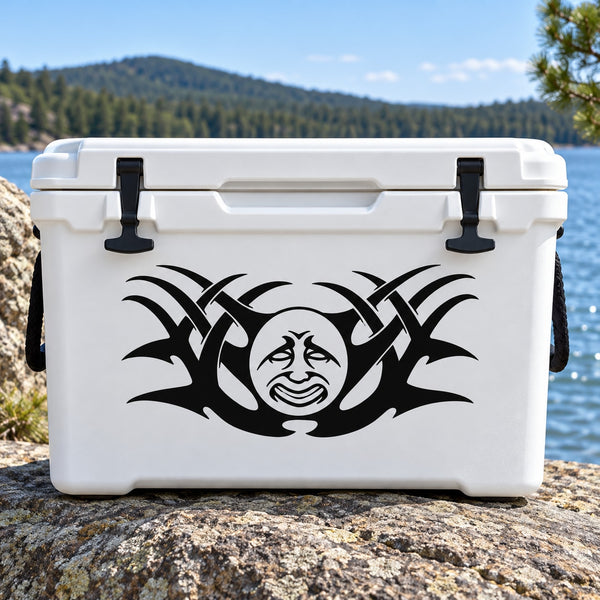 Black tribal moon smiling face decal on white cooler