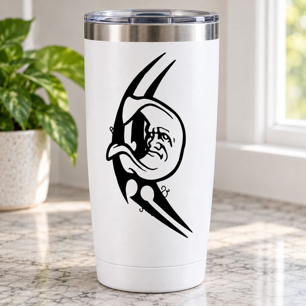 White tumbler with black tribal crescent moon decal