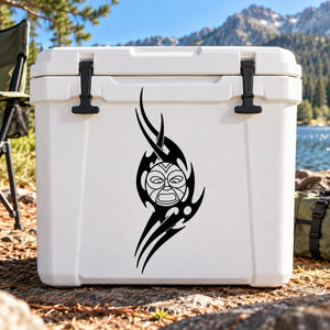 Black tribal face decal for Grunting Moon cooler, on white lid