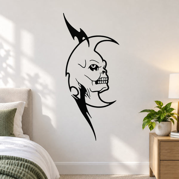 Black skull moon wall decal with pointed horns and curved crescent shape