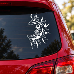 Hot Moon decal: white fantasy sun/moon face with flame rays on dark surface