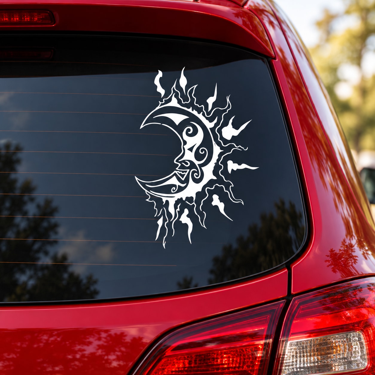 Hot Moon decal: white fantasy sun/moon face with flame rays on dark surface