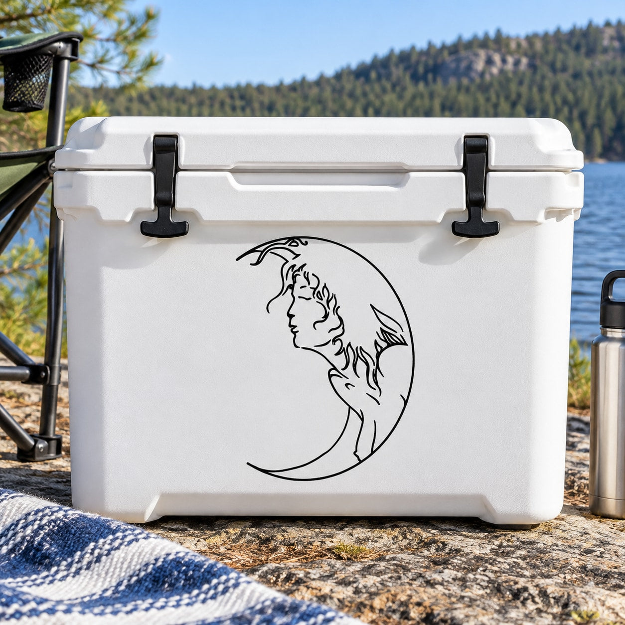 White cooler with moon woman face decal