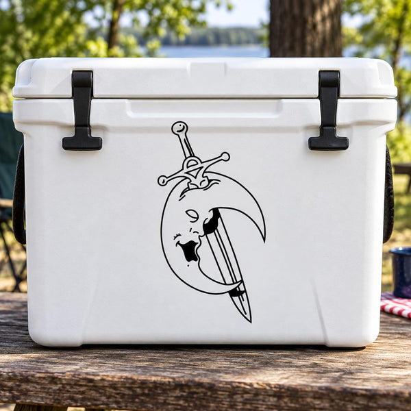 White cooler with black decal of a sword through a moon