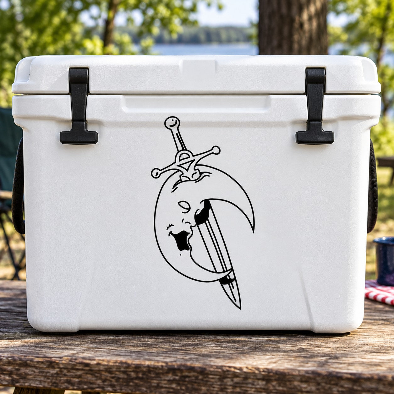 White cooler with black decal of a sword through a moon