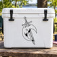 White cooler with black decal of a sword through a moon