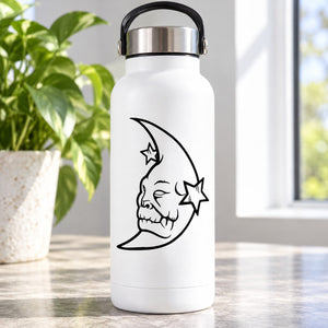 Moon decal sticker with demon face and star outlines on a white bottle
