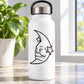 Moon decal sticker with demon face and star outlines on a white bottle