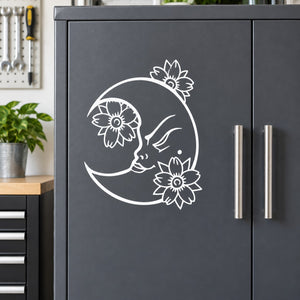 Floral crescent moon wall decal with white outline flowers