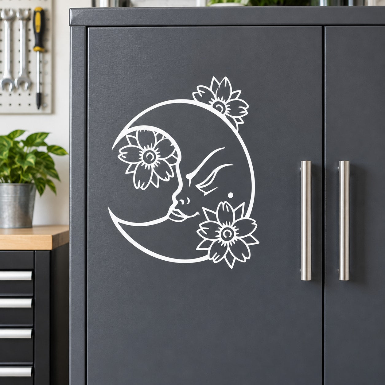 Floral crescent moon wall decal with white outline flowers