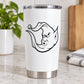 White tumbler decal of a sleeping elf face under a moon, black line art