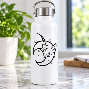 White metal water bottle with black demon moon decal
