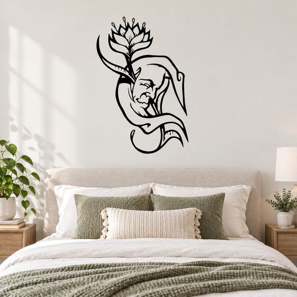 Moon and flower growing wall decal, black line-art sprouting tree and face