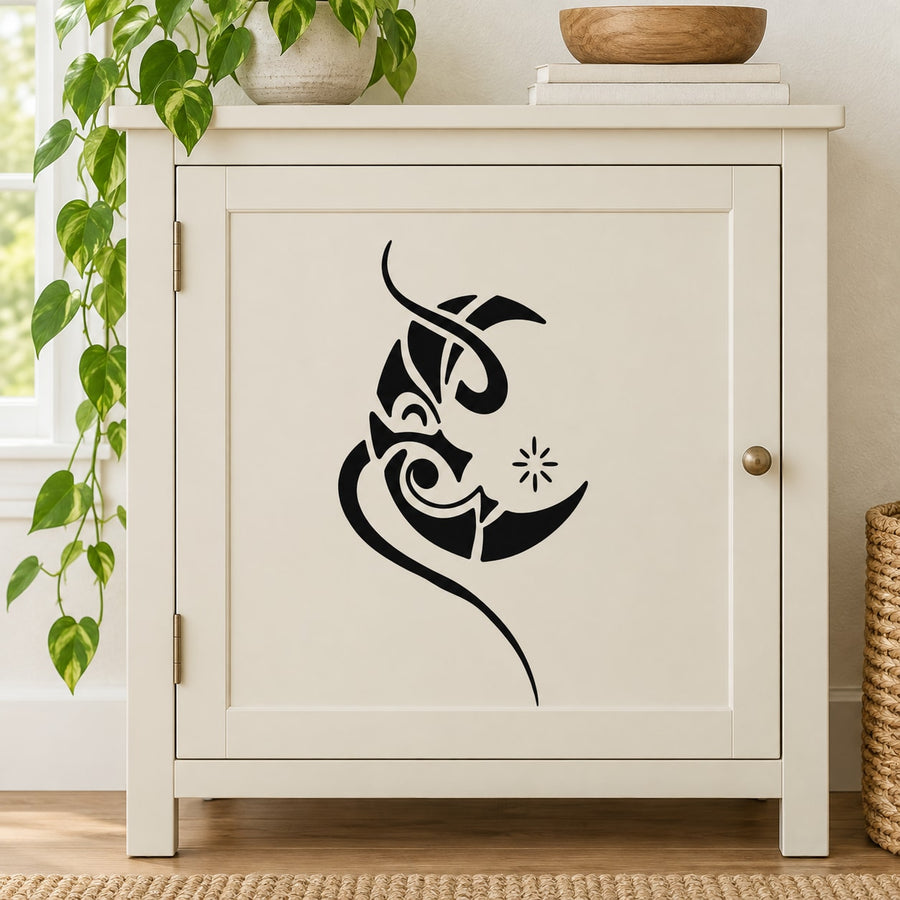 Tribal Moon Decal — illustrative vinyl decal application mockup. Surrounding objects are not included.