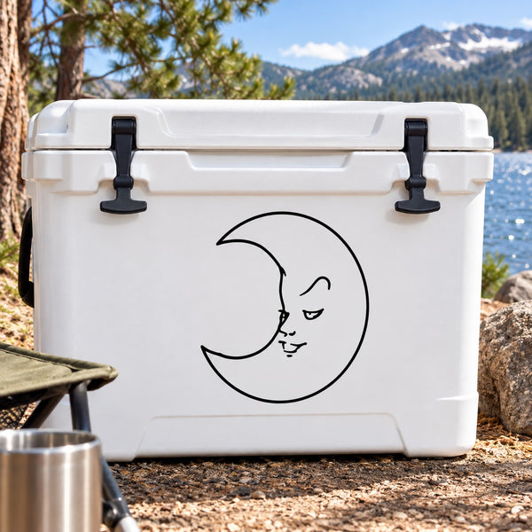 Cheerful moon face decal on white cooler lid
