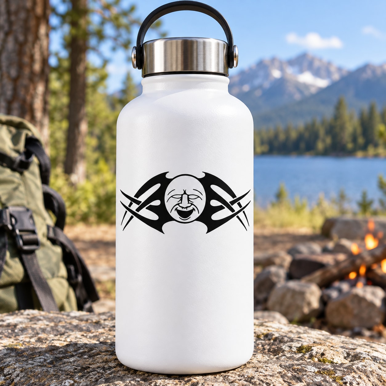 White water bottle with black tribal moon decal