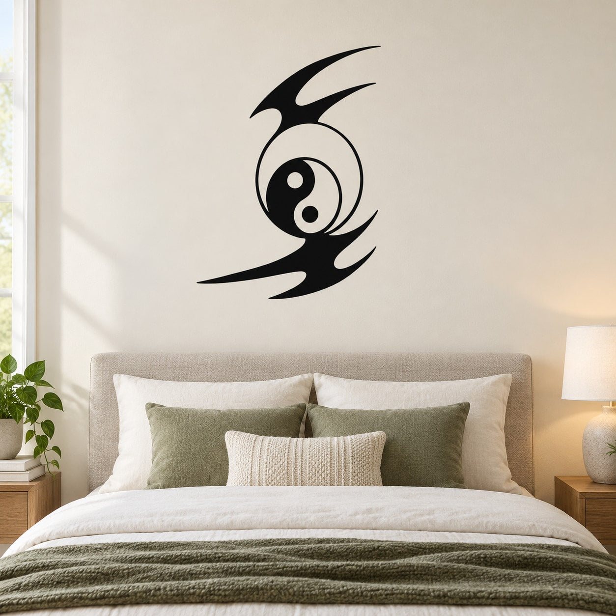 Yin-yang tribal moon wall decal, black yin-yang symbol with curved tribal shapes