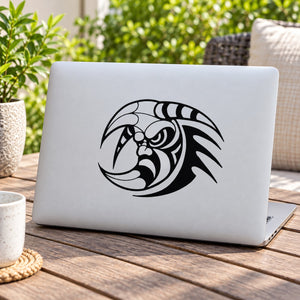 Tribal moon with horn tribal eye decal in black and white on a laptop lid