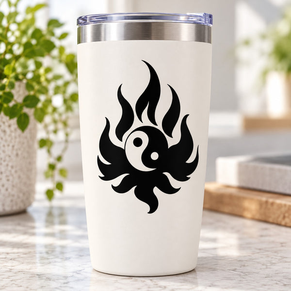 Black yin-yang moon flame decal on white tumbler